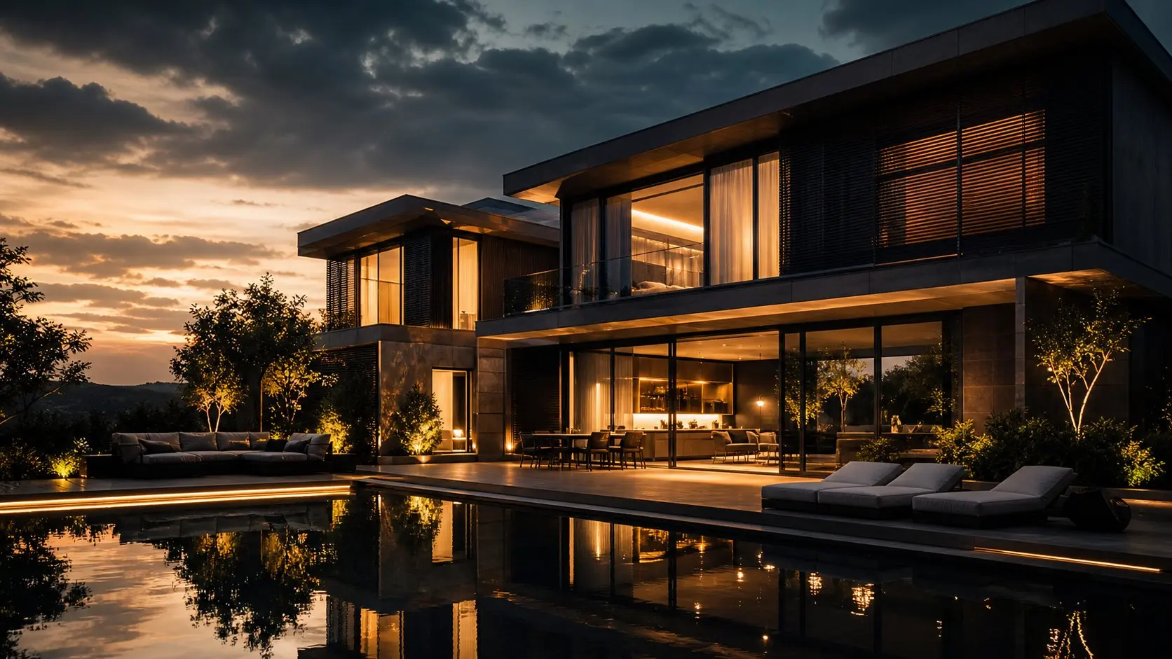 Villa premium al atardecer con iluminación editorial: así se gestiona la percepción de valor inmobiliaria