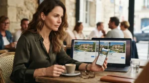 Comprador comparando tres anuncios diferentes de la misma propiedad inmobiliaria