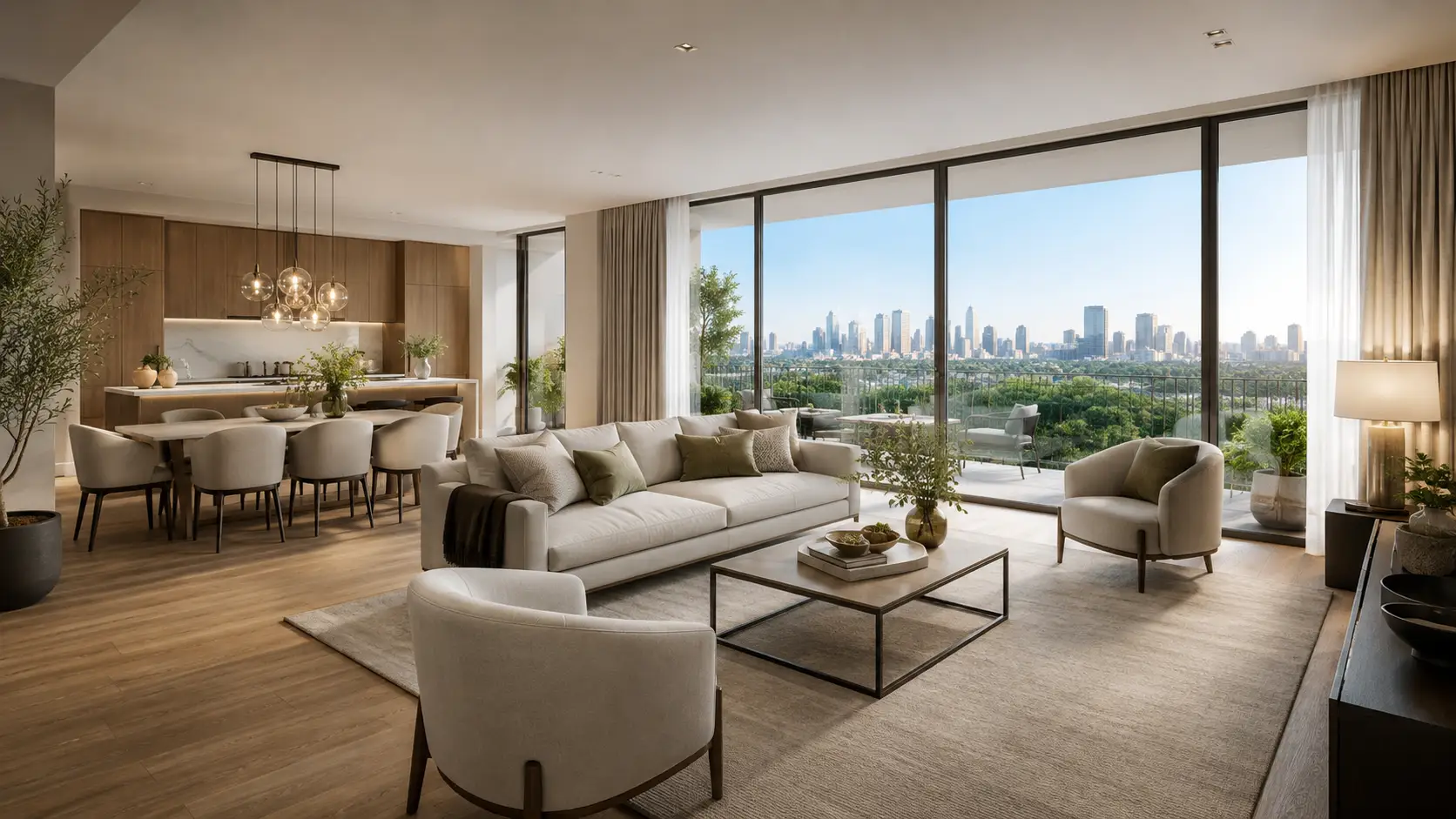 Salón de lujo organizado y equilibrado para un anuncio inmobiliario