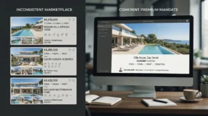 Comparación visual entre una propiedad publicada por varias agencias y una presentación inmobiliaria controlada