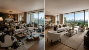 Comparación entre salón inmobiliario desordenado y salón organizado
