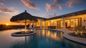Casa de playa premium con piscina y palapa fotografiada al atardecer: la hora dorada multiplica la percepción de valor