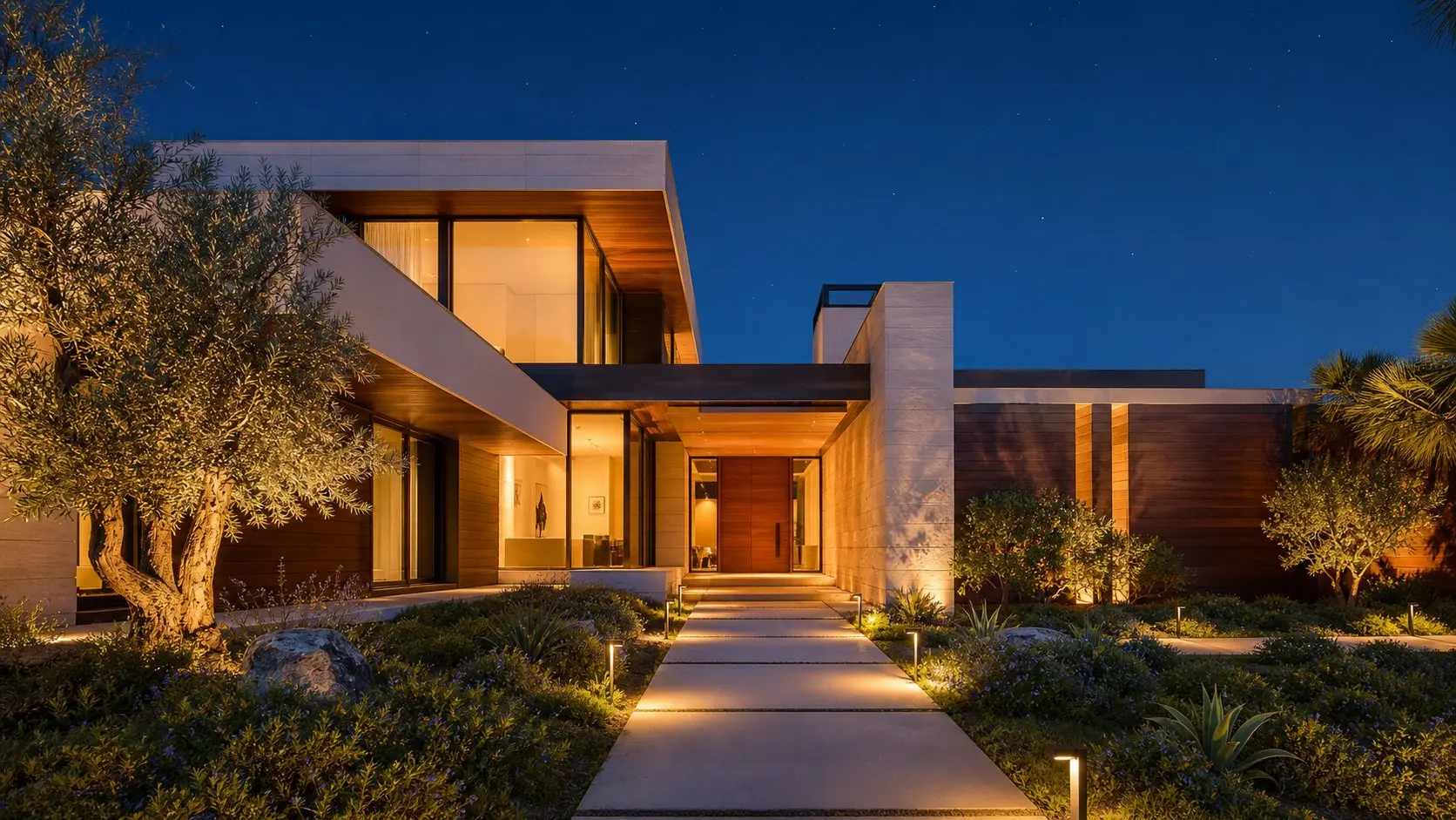Fachada de arquitectura singular al atardecer: una propiedad que ocupa una categoría propia ya no se compara por precio