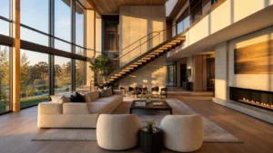 Salón de doble altura con escalera escultural y luz dorada: la presentación que saca a una propiedad de cualquier comparación