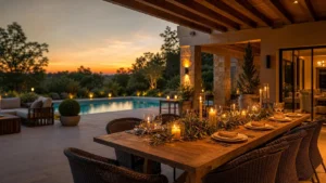 Terraza con mesa preparada al atardecer: vender la vida alrededor de la casa, no solo la casa