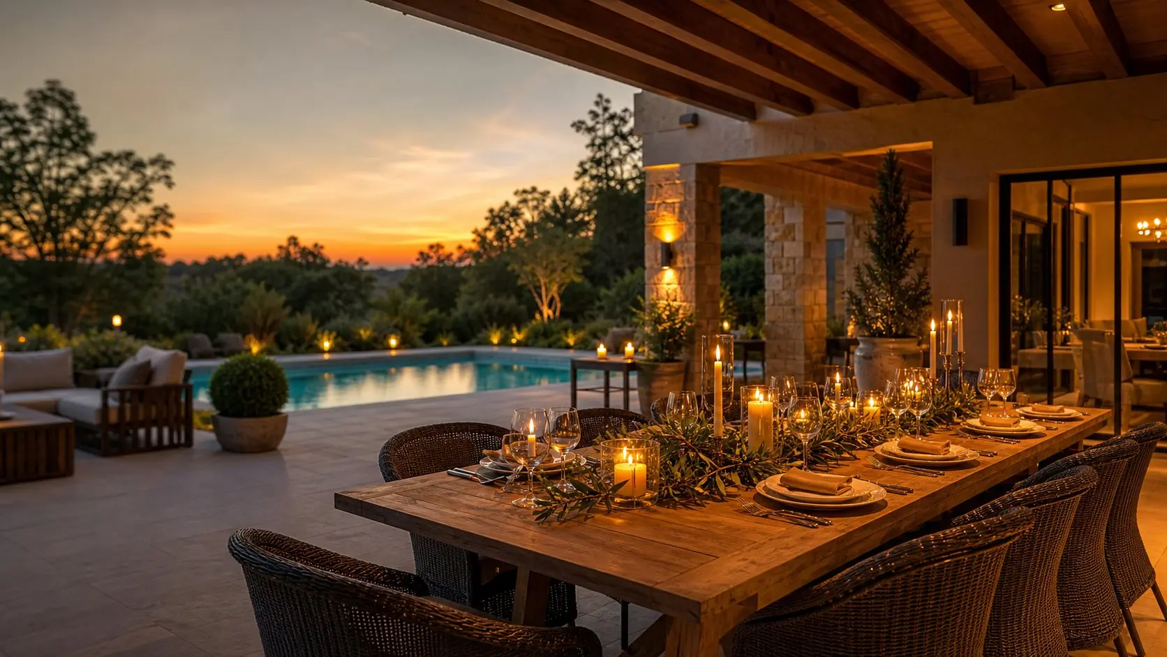 Terraza preparada para cenar al atardecer: el contexto aspiracional que convierte una propiedad en la vida que el comprador desea