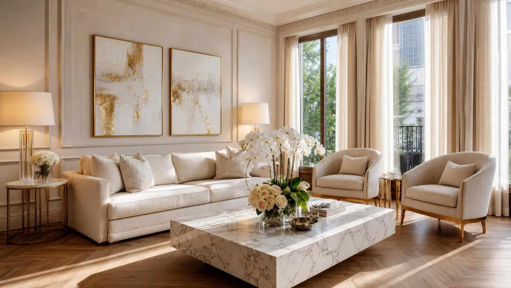 Salón de lujo en tonos crema con mesa de mármol y arte dorado: presentación editorial que eleva la percepción de valor