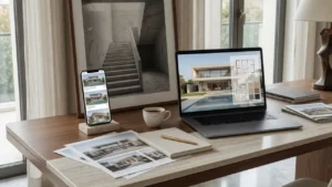Comprador explorando una propiedad de lujo entre portal y web inmobiliaria