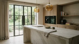 Cocina de lujo presentada con una composición visual contenida y editorial