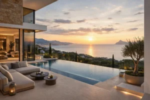 Terraza de villa de lujo con piscina infinita y vistas al Mediterráneo