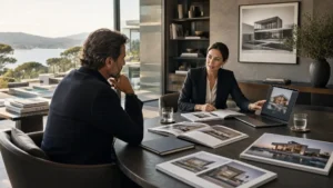 Reunión entre agente inmobiliario y propietario de una vivienda de lujo