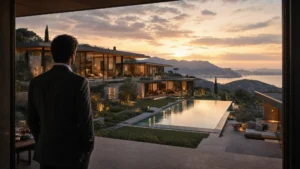 Comprador evaluando una propiedad de lujo desde su terraza